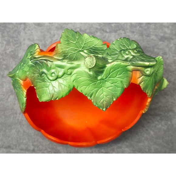 Orange & Green Ceramic Pumpkin Leaves Candy Dish Halloween Home Decor Display - Picture 2 of 10
